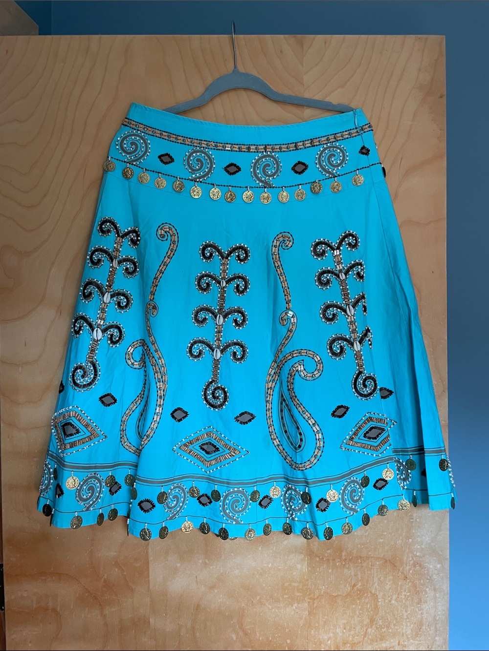 Basil & Maude Embroidered Turquoise A-Line Skirt with Gold Accents